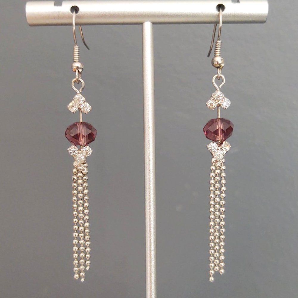 Purple and clear crystal earrings with chain dangles